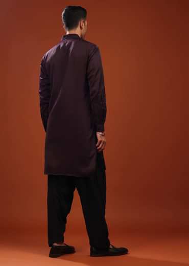 Burgundy Purple Festive Kurta In Mini Silk With Lucknowi Embroidery