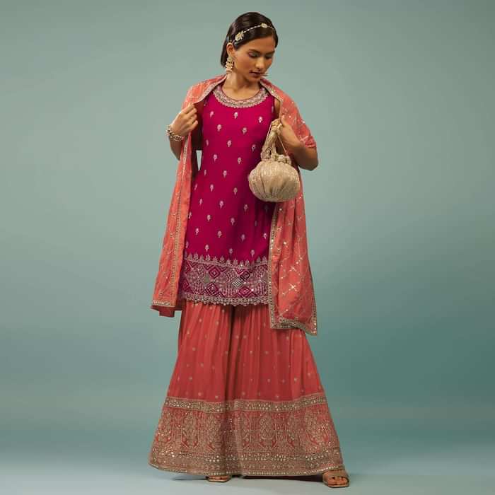 Hot Pink Sharara Suit With Embroidery