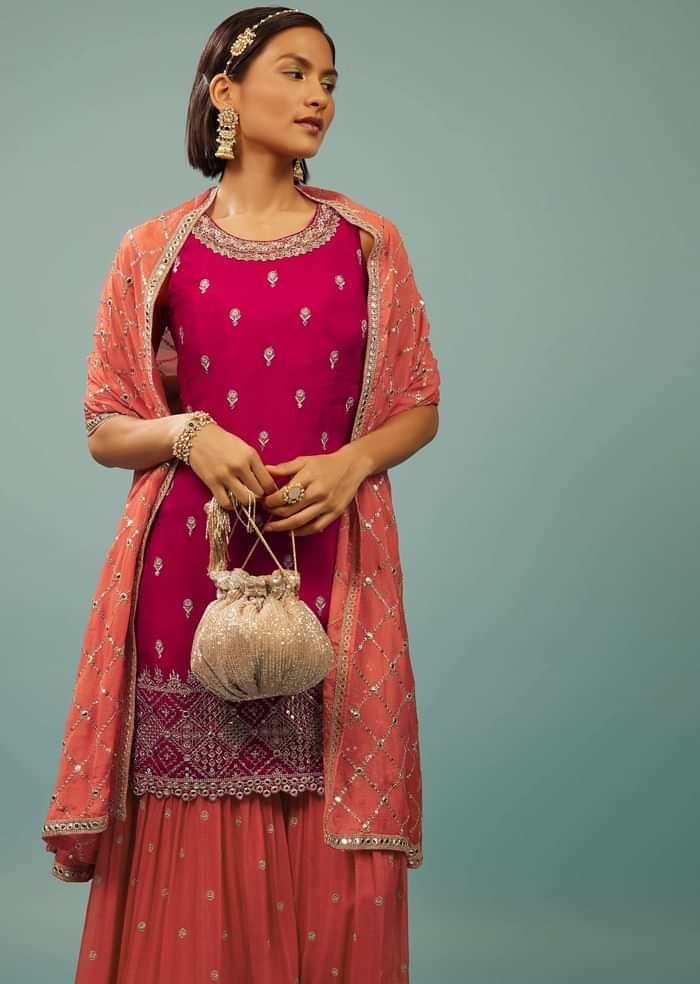 Hot Pink Sharara Suit With Embroidery
