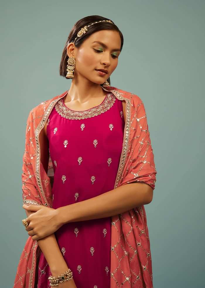Hot Pink Sharara Suit With Embroidery