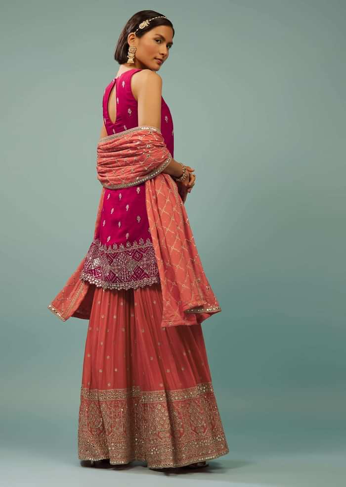 Hot Pink Sharara Suit With Embroidery