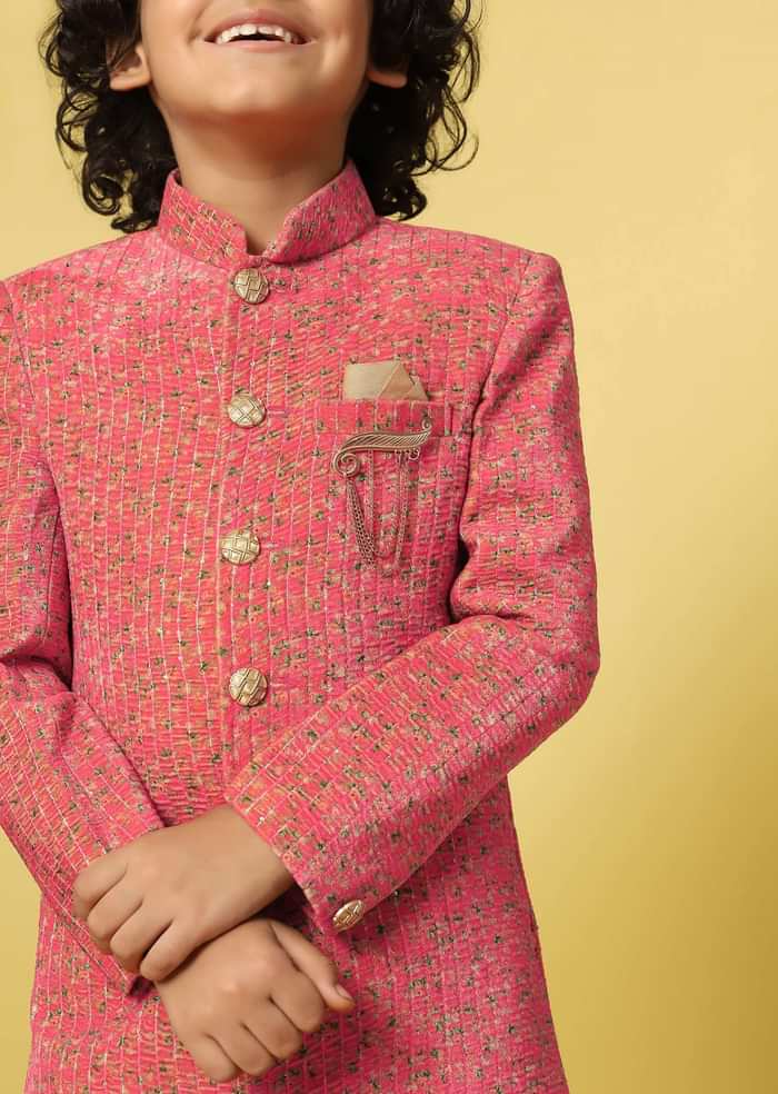 Kalki Red Sherwani Set In Velvet With Print And Sequins For Boys