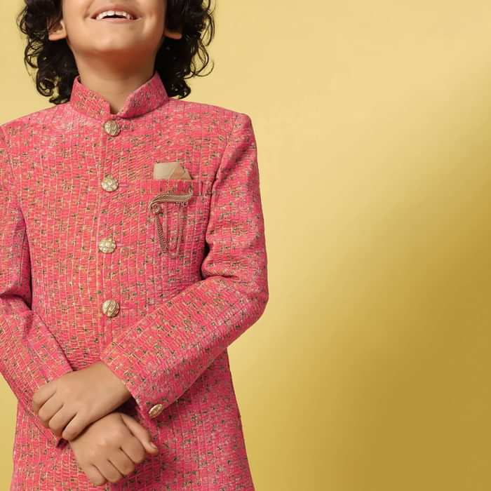 Kalki Red Sherwani Set In Velvet With Print And Sequins For Boys