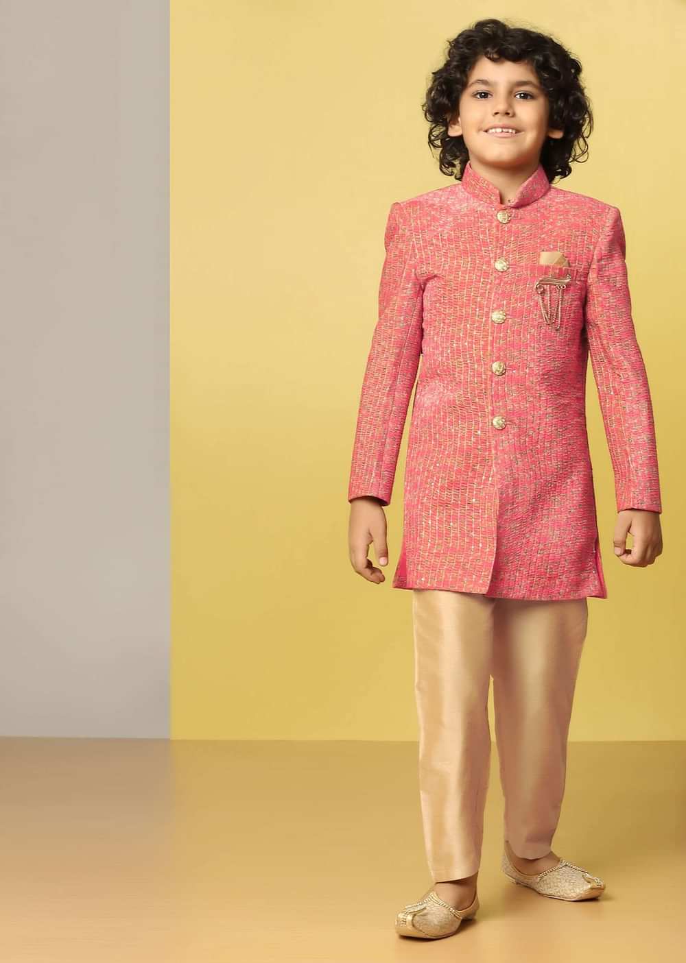 Kalki Red Sherwani Set In Velvet With Print And Sequins For Boys