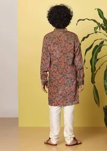 Kalki Rose Red Boys Kurta Set In Silk With Floral Print