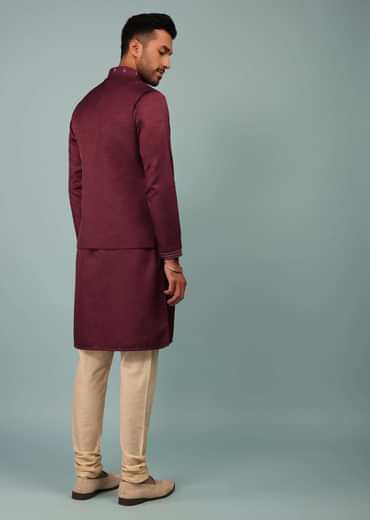Burgundy Red Bandi Jacket Set In Raw Silk With Multicolor Floral Butti & Aari Embroidery