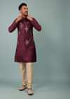 Burgundy Red Bandi Jacket Set In Raw Silk With Multicolor Floral Butti & Aari Embroidery