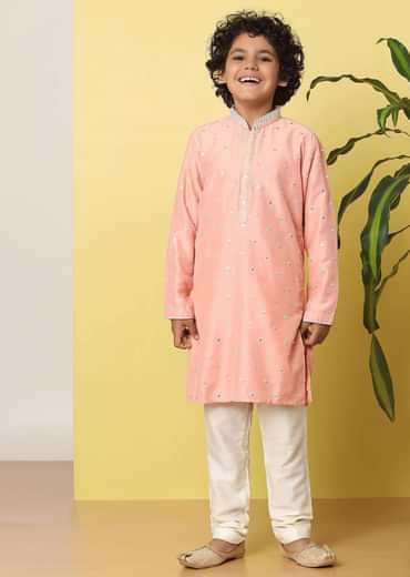 Kalki Salmon Pink Kurta Set With Threadwork For Boys