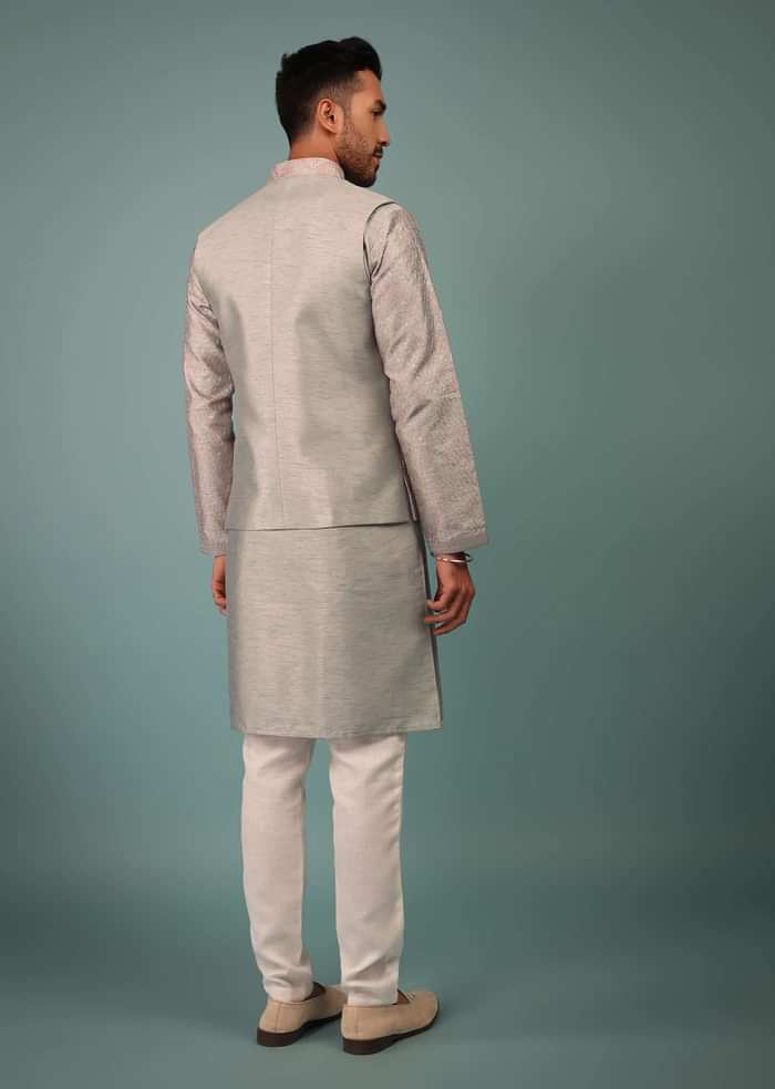 Silver Bandi Jacket Set In Silk With Pink & White Cross Stitch Embroidery