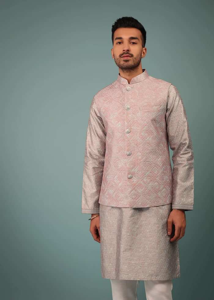 Silver Bandi Jacket Set In Silk With Pink & White Cross Stitch Embroidery