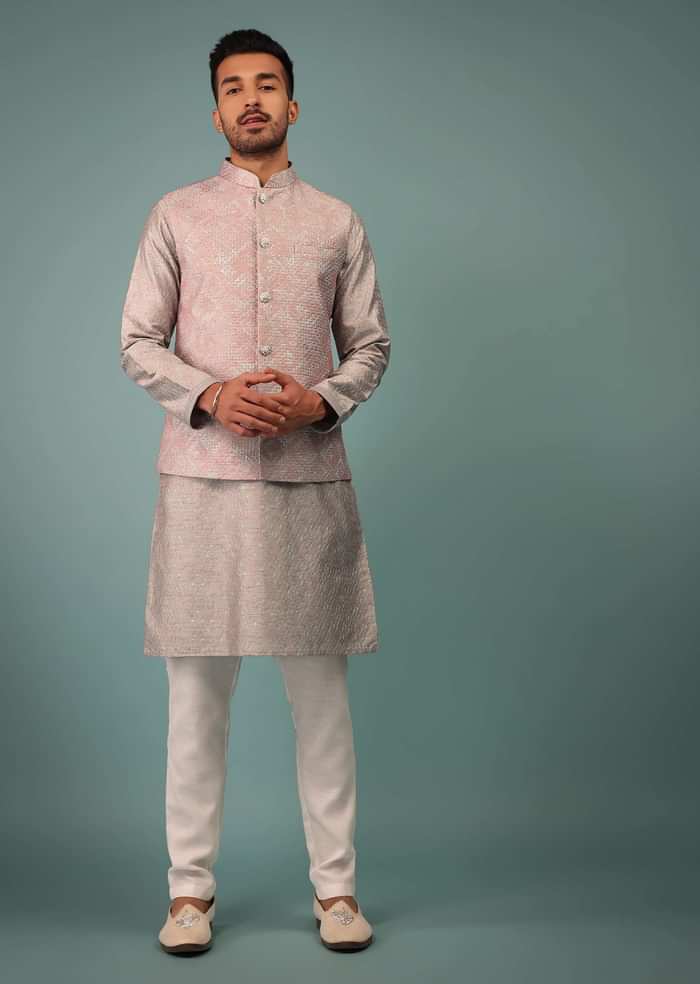 Silver Bandi Jacket Set In Silk With Pink & White Cross Stitch Embroidery