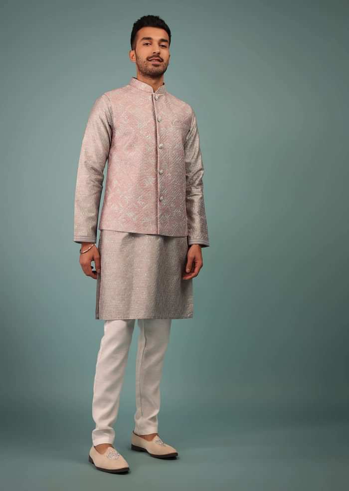 Silver Bandi Jacket Set In Silk With Pink & White Cross Stitch Embroidery