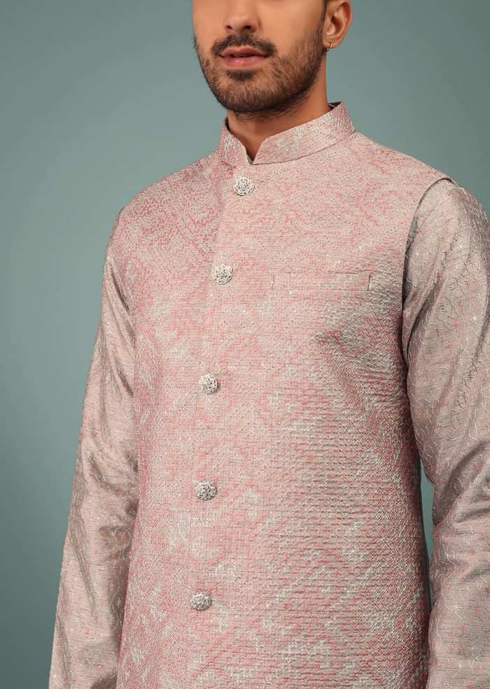 Silver Bandi Jacket Set In Silk With Pink & White Cross Stitch Embroidery