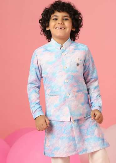 Kalki Sky Blue Tie-Dye Bandi Jacket Set In Silk With Threadwork For Boys