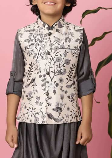 Kalki Slate Grey Kurta Set In Silk With Mughal Floral Print For Boys