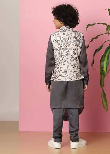 Kalki Slate Grey Kurta Set In Silk With Mughal Floral Print For Boys