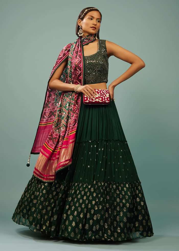 Deep Green Tiered Lehenga Choli Set In Georgette With Embroidery