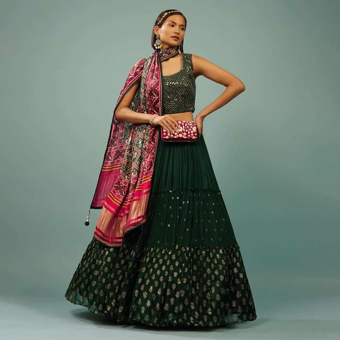 Deep Green Tiered Lehenga Choli Set In Georgette With Embroidery