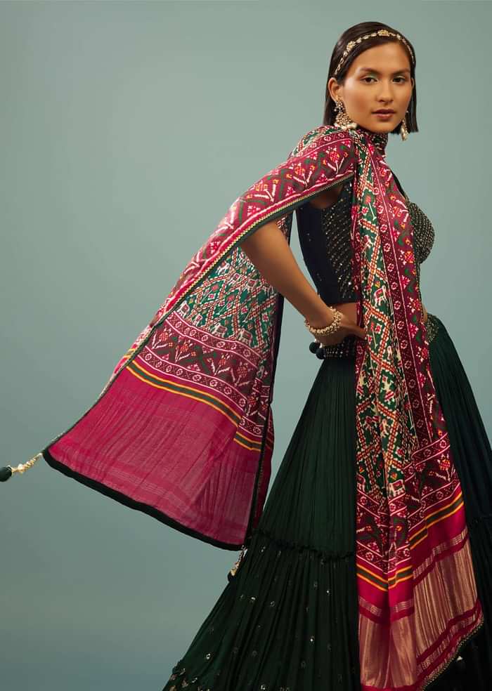 Deep Green Tiered Lehenga Choli Set In Georgette With Embroidery