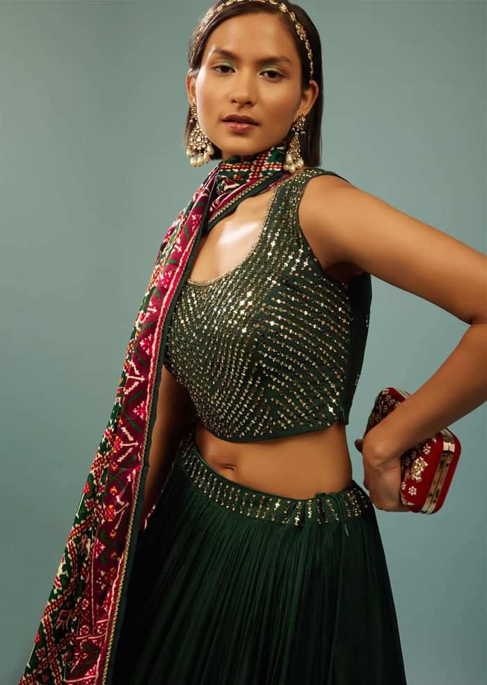 Deep Green Tiered Lehenga Choli Set In Georgette With Embroidery