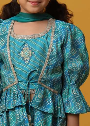 Kalki Teal Blue Lehenga And Top Set With Jacket In Cotton With Gotta Work For Girls