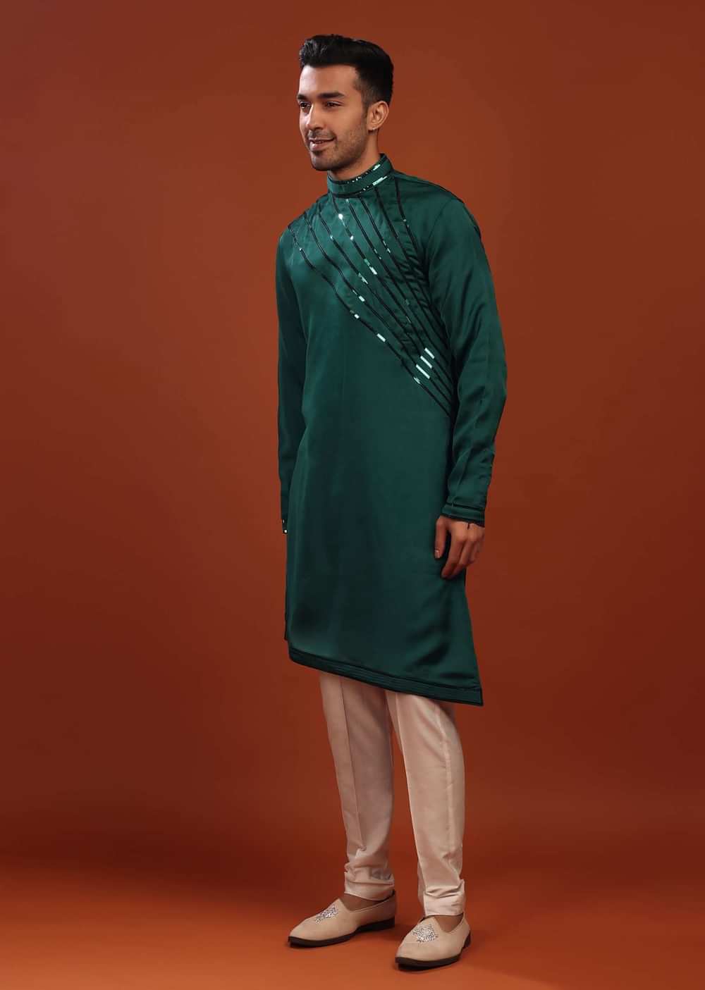 Peacock Green Festive Kurta In Mini Silk With Asymmetrical Bottom Cut And Cocktail Look