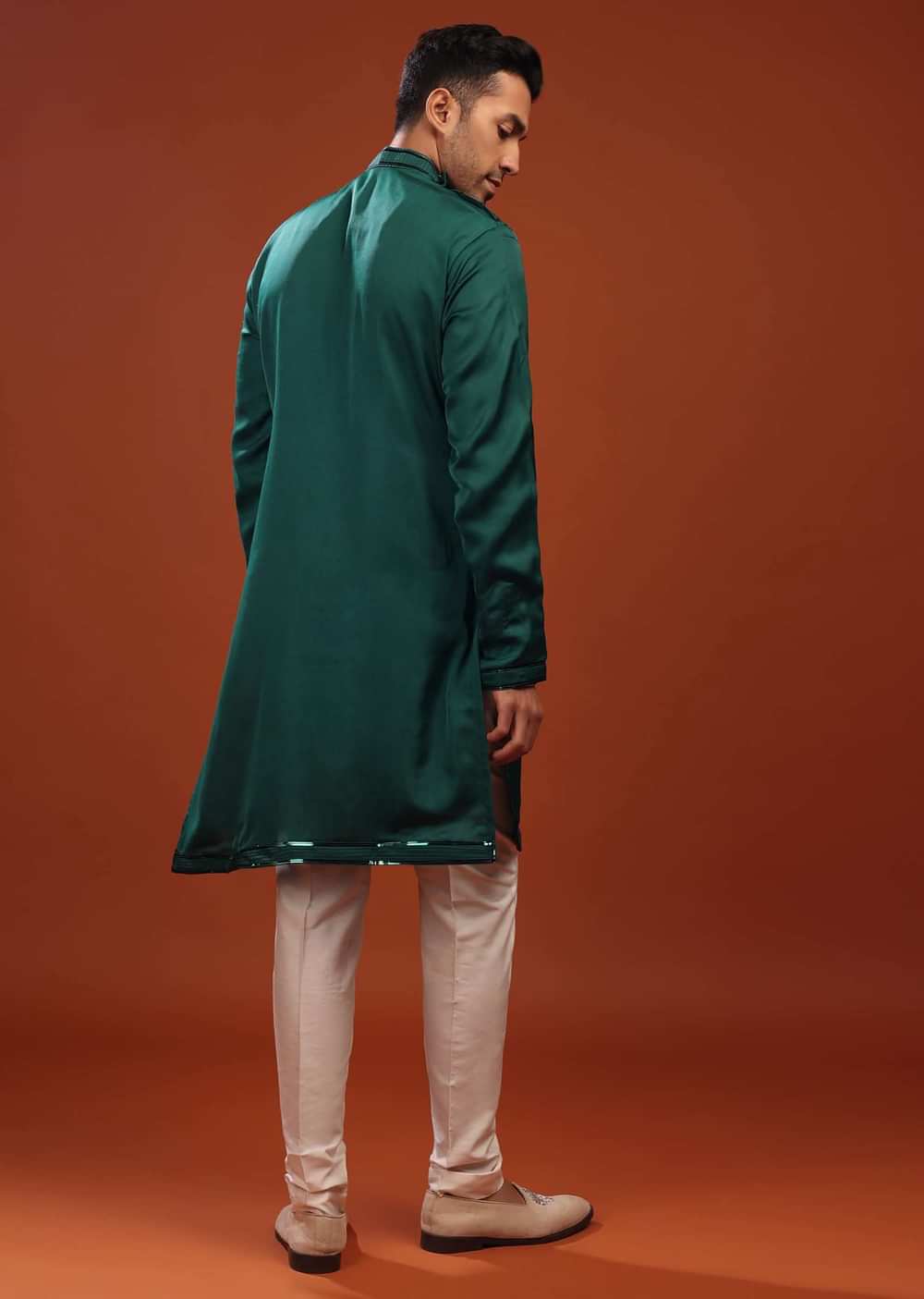 Peacock Green Festive Kurta In Mini Silk With Asymmetrical Bottom Cut And Cocktail Look