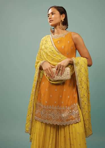 Chrome Yellow Sharara Suit With Embroidery