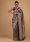 Navy Blue Saree In Pure Banarasi Silk With Upada Zari Weave In Floral Jaal Work