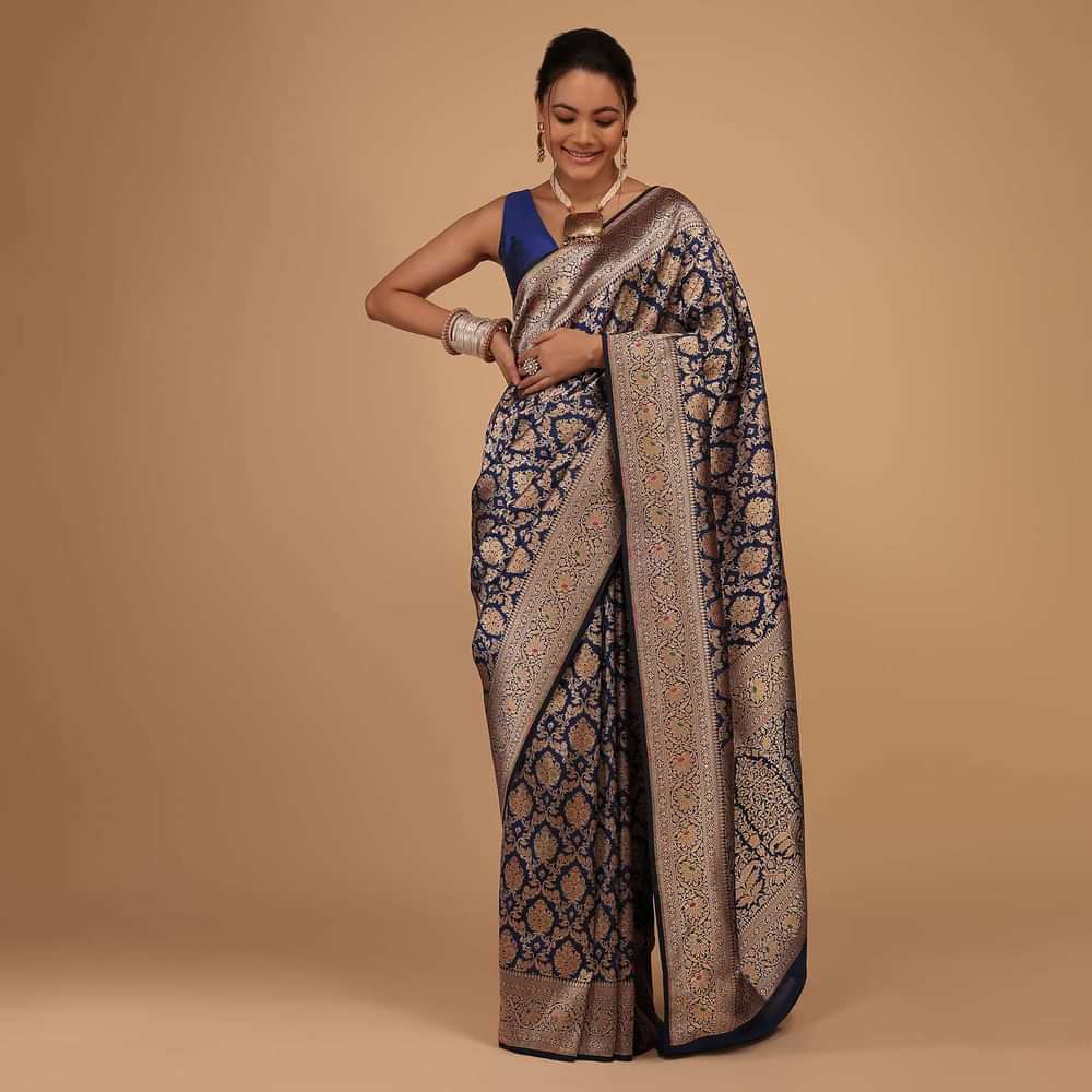 Navy Blue Saree In Pure Banarasi Silk With Upada Zari Weave In Floral Jaal Work