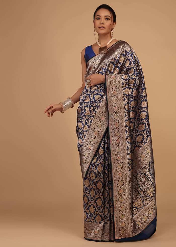 Navy Blue Saree In Pure Banarasi Silk With Upada Zari Weave In Floral Jaal Work