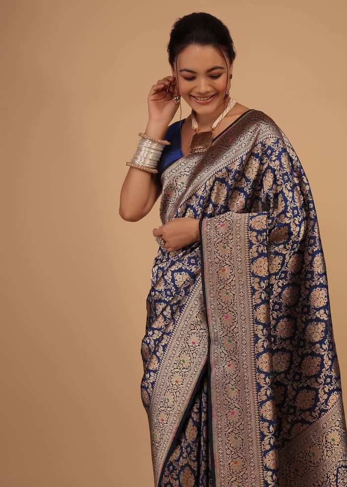 Navy Blue Saree In Pure Banarasi Silk With Upada Zari Weave In Floral Jaal Work