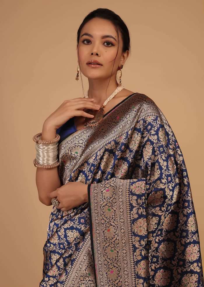 Navy Blue Saree In Pure Banarasi Silk With Upada Zari Weave In Floral Jaal Work