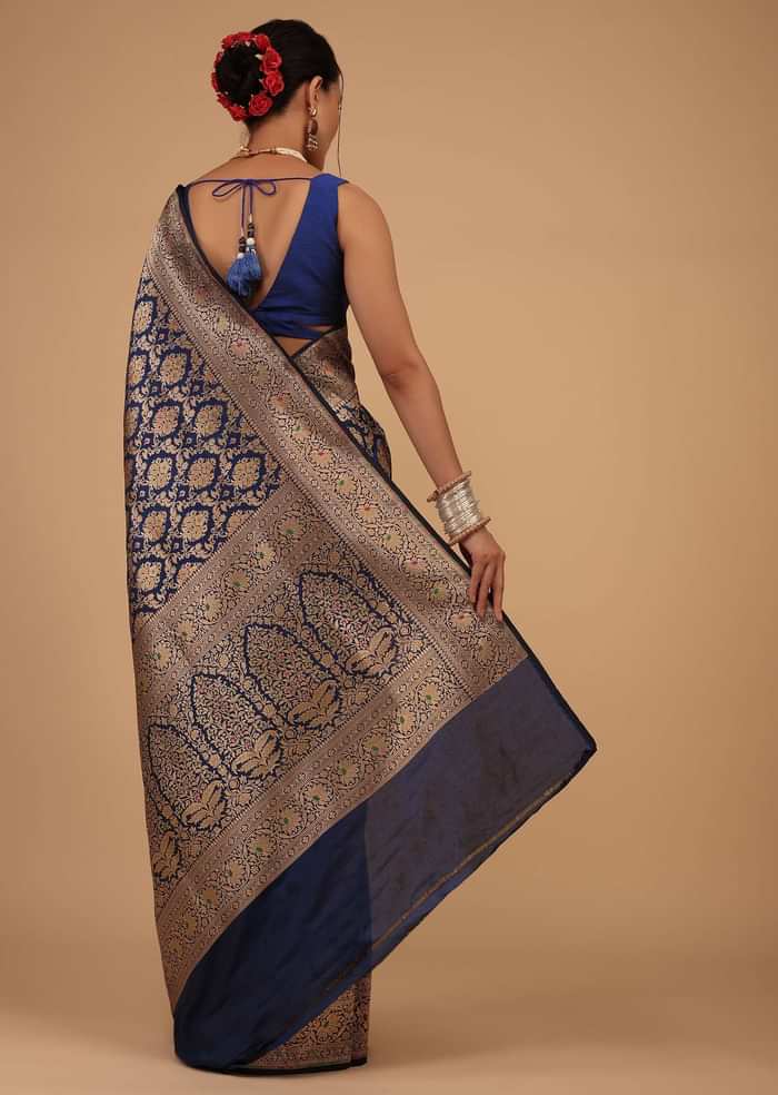 Navy Blue Saree In Pure Banarasi Silk With Upada Zari Weave In Floral Jaal Work