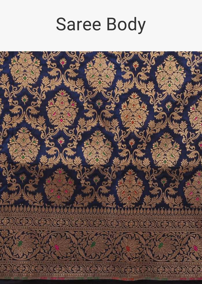 Navy Blue Saree In Pure Banarasi Silk With Upada Zari Weave In Floral Jaal Work