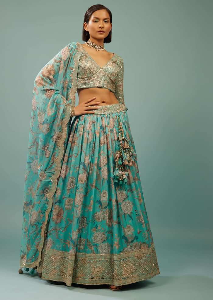 Sky Blue Lehenga Choli Set In Organza With Print & Embroidery