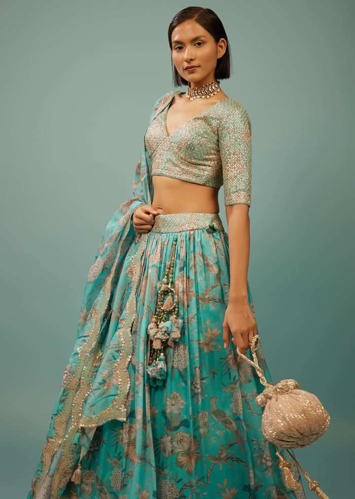 Sky Blue Lehenga Choli Set In Organza With Print & Embroidery