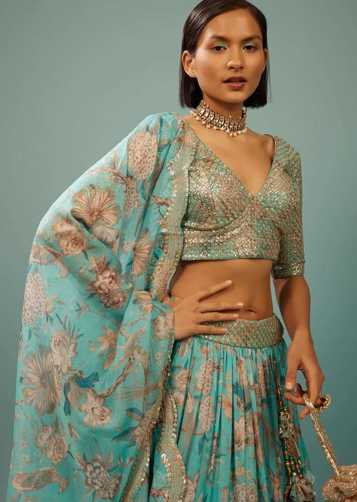Sky Blue Lehenga Choli Set In Organza With Print & Embroidery