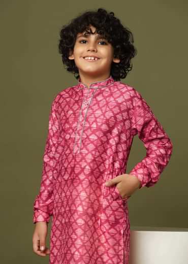 Kalki Valentine Red Boys Kurta Set In Tussar Silk With Threadwork On The Yoke For Boys