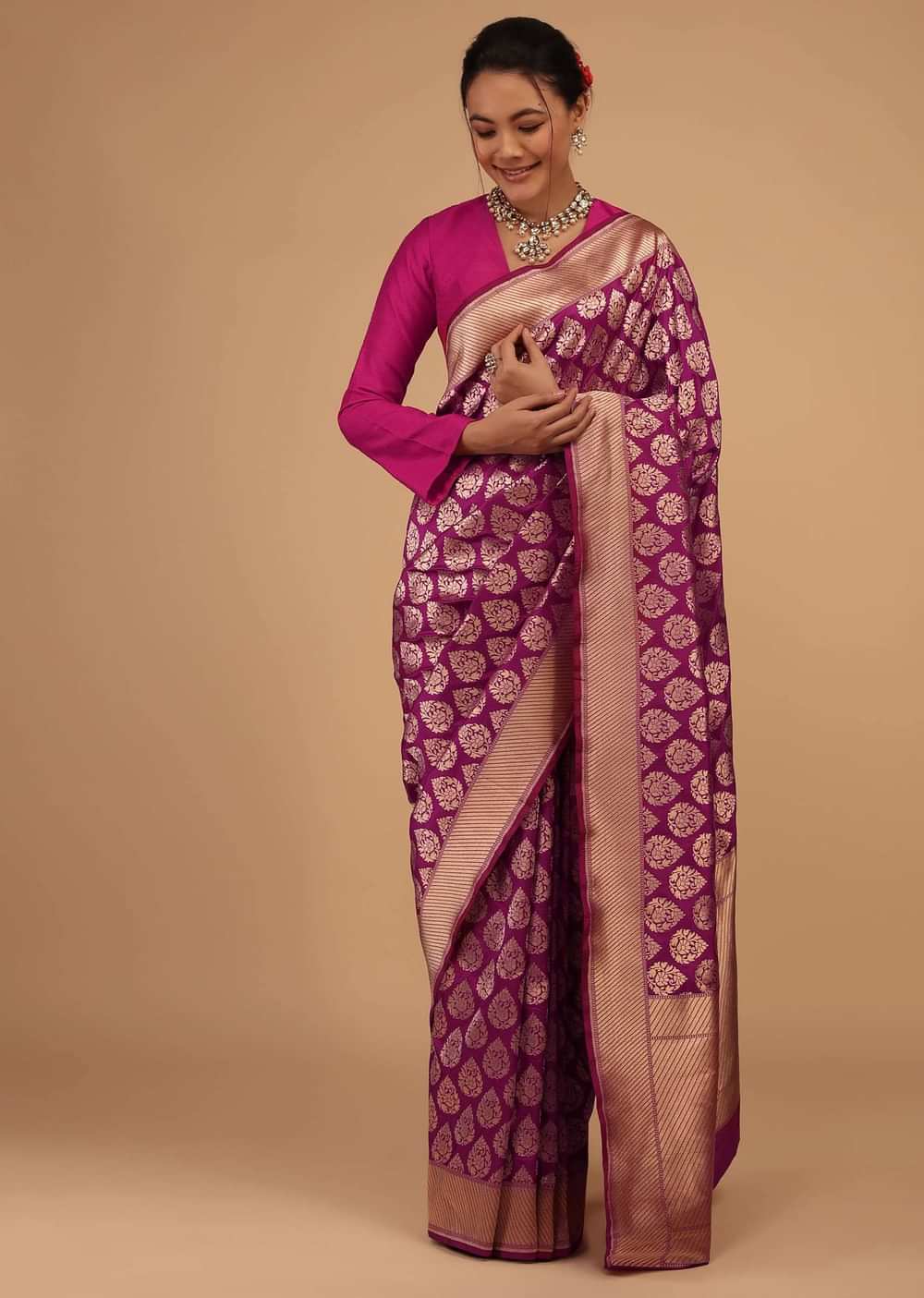 Plum Purple Saree In Pure Banarasi Silk With Upada Zari Weave Floral Butti Work