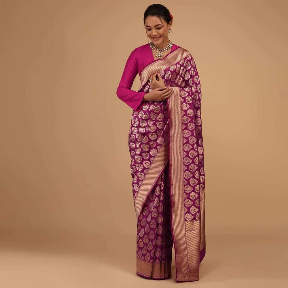 Plum Purple Saree In Pure Banarasi Silk With Upada Zari Weave Floral Butti Work
