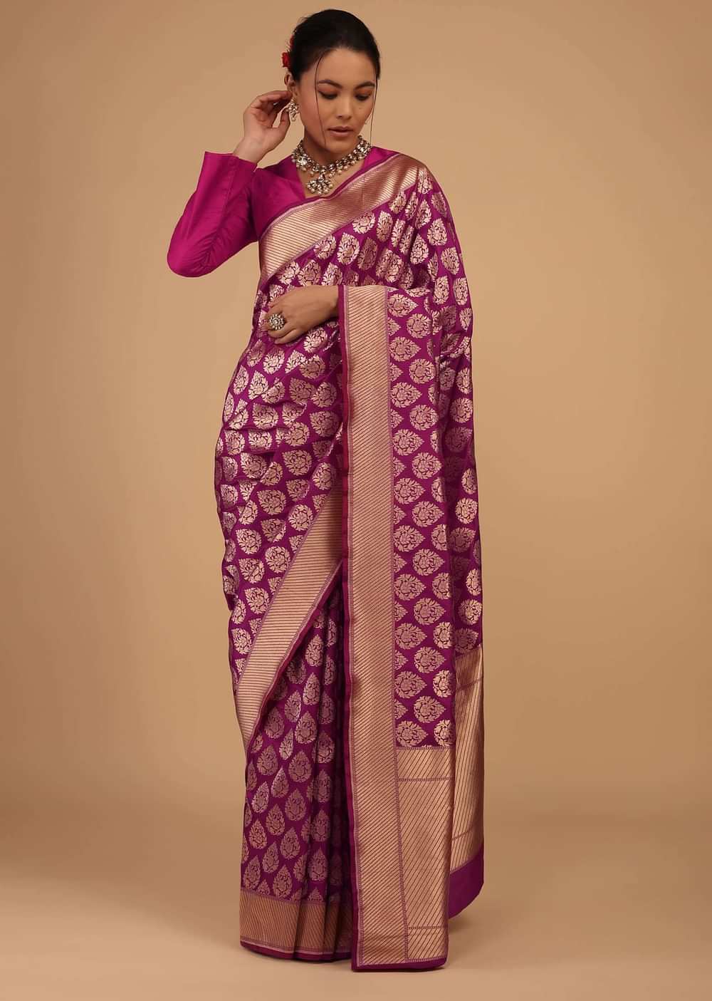 Plum Purple Saree In Pure Banarasi Silk With Upada Zari Weave Floral Butti Work