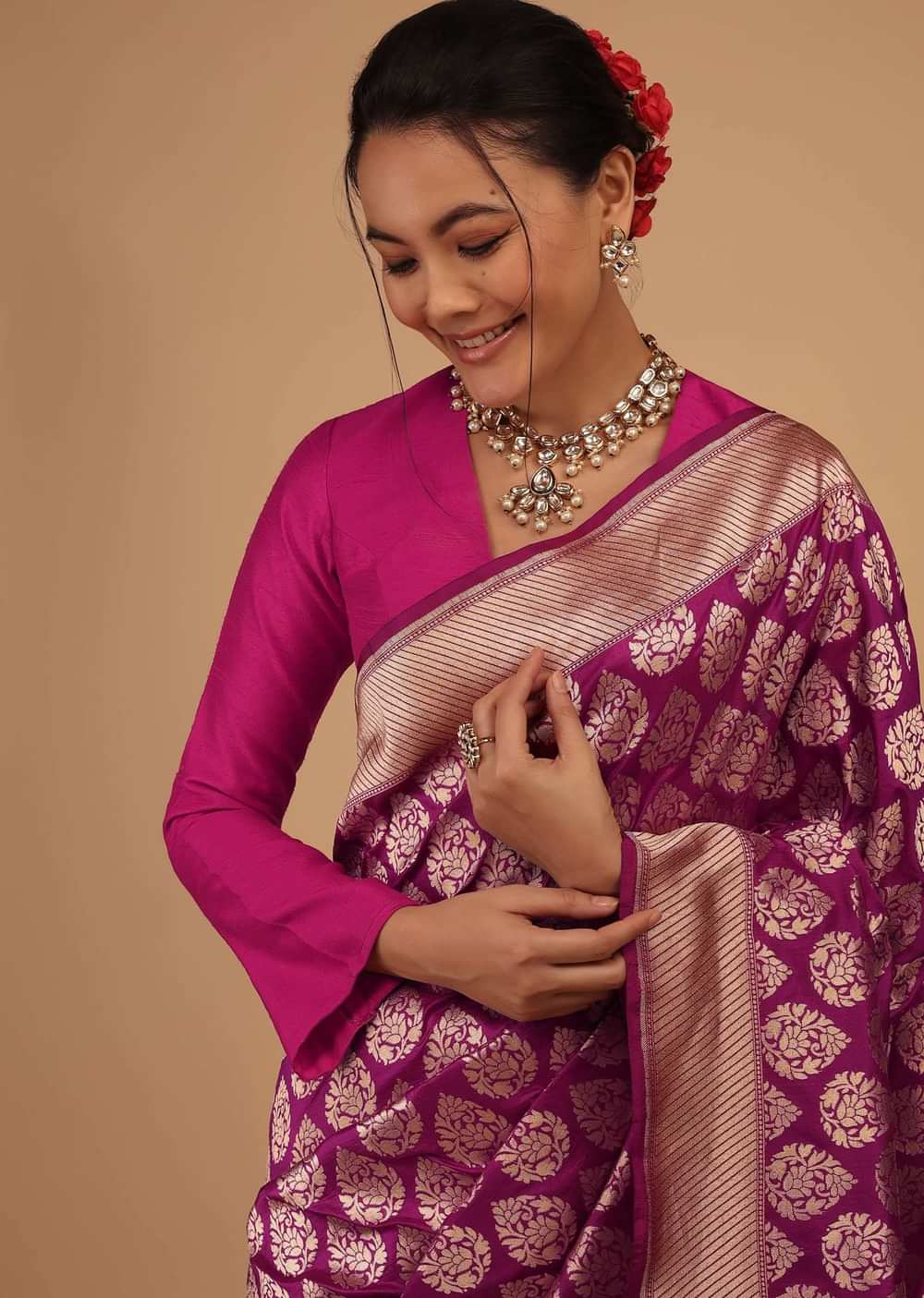 Plum Purple Saree In Pure Banarasi Silk With Upada Zari Weave Floral Butti Work