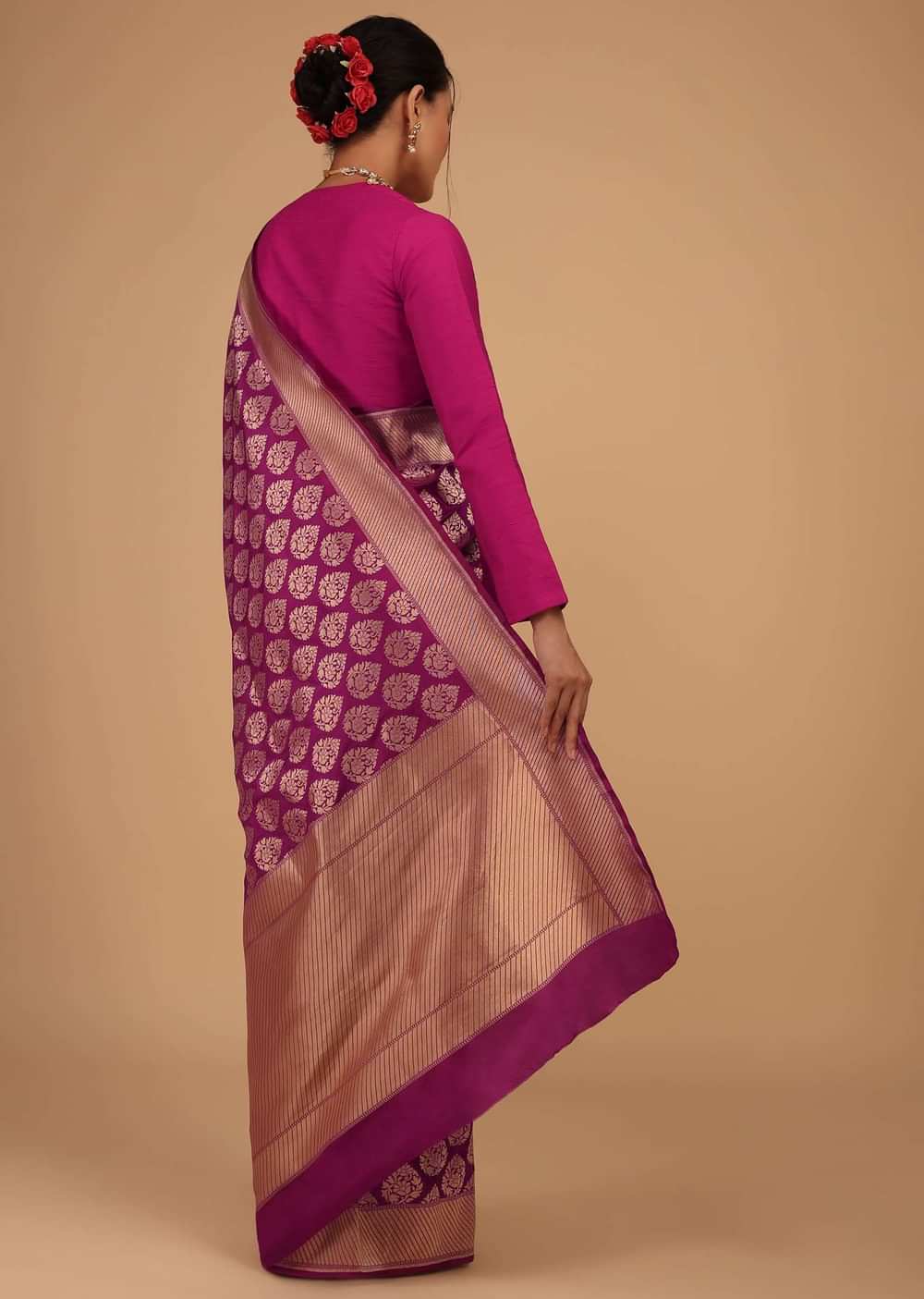 Plum Purple Saree In Pure Banarasi Silk With Upada Zari Weave Floral Butti Work