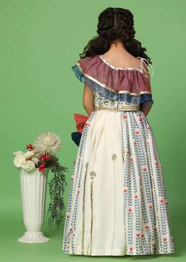 Kalki White Printed Top And Lehenga Set In Cotton Silk For Girls