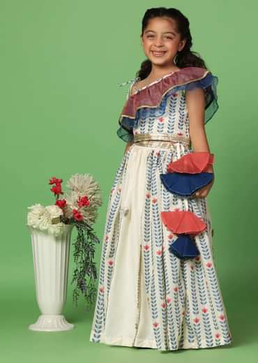 Kalki White Printed Top And Lehenga Set In Cotton Silk For Girls