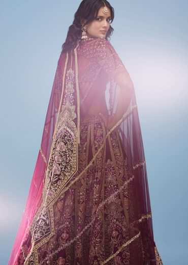 Wine Red Queenly Bridal Lehenga In Velvet With Heavy Floral Embroidery - NOOR 2022