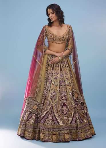 Wine Red Queenly Bridal Lehenga In Velvet With Heavy Floral Embroidery - NOOR 2022