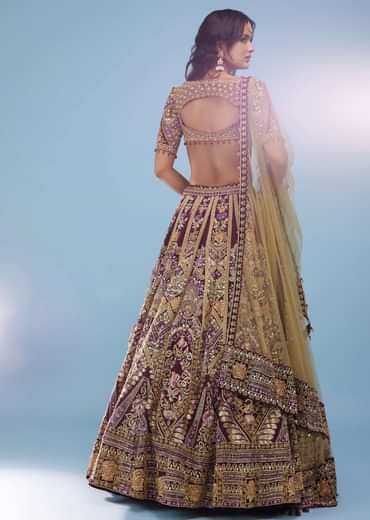 Wine Red Queenly Bridal Lehenga In Velvet With Heavy Floral Embroidery - NOOR 2022