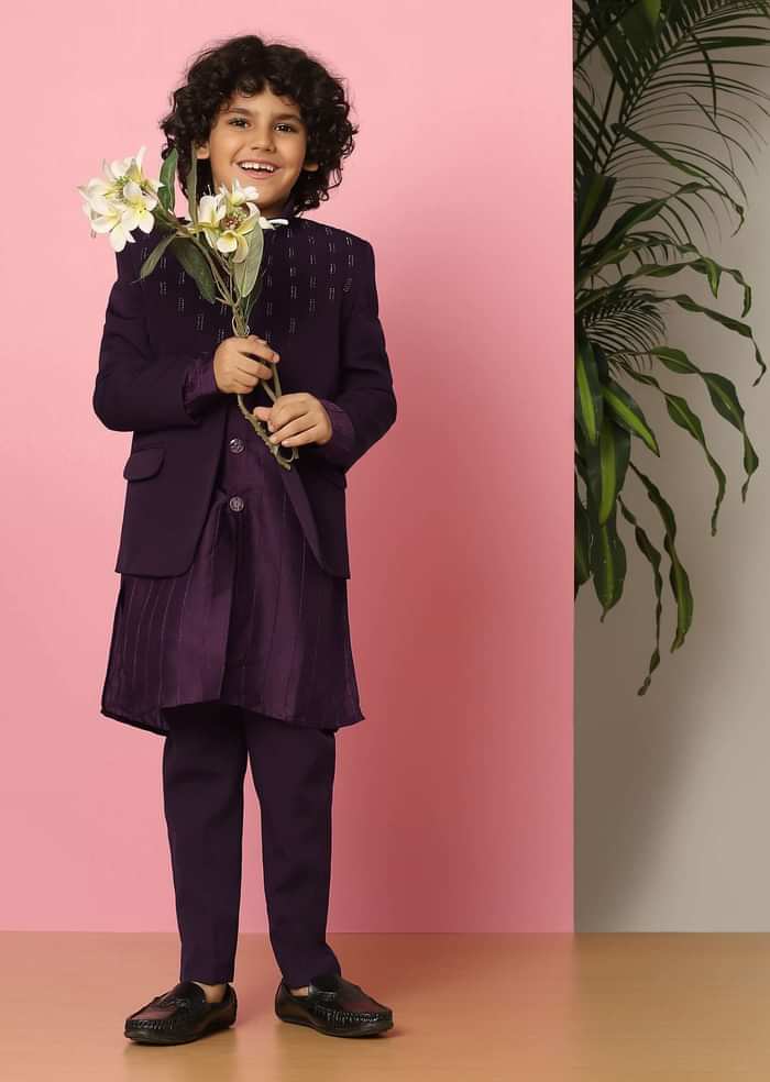 Kalki Wine Sherwani Set In Suiting Fabric With Threadwork For Boys